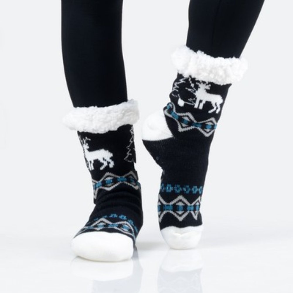 Black Winter Buck Sherpa Lined Slipper Socks - Picture 4 of 4